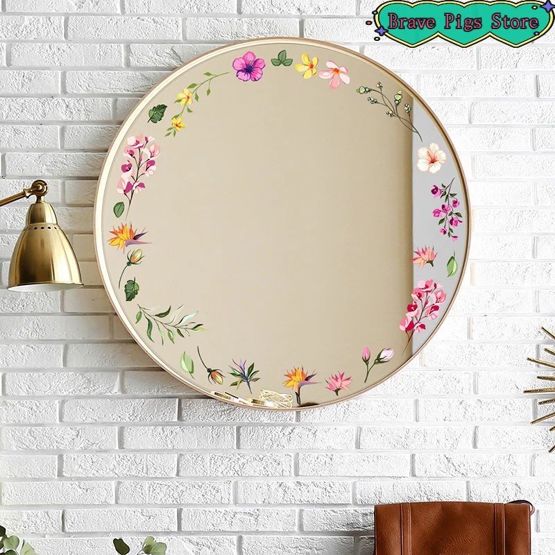 Room Aesthetic Flower Wall Stickers Floral Mirror Decals Peel Stick Bathroom Bedroom Decor For Girls Home Art Decoration