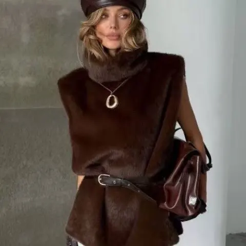 2026 Winter Spring Women Faux Fur Sable Vest Crop Top Solid  Turtleneck Eco Mink Faux Fur Tank Tops Pullover Jacket
