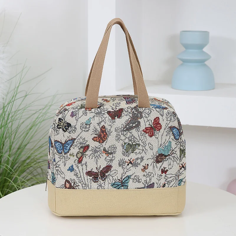 Large Capacity Thick Jacquard Cloth Tote Bag, Aluminum Foil Insulation Layer Bento Bag, Portable Lunch Box Storage Bag for Work