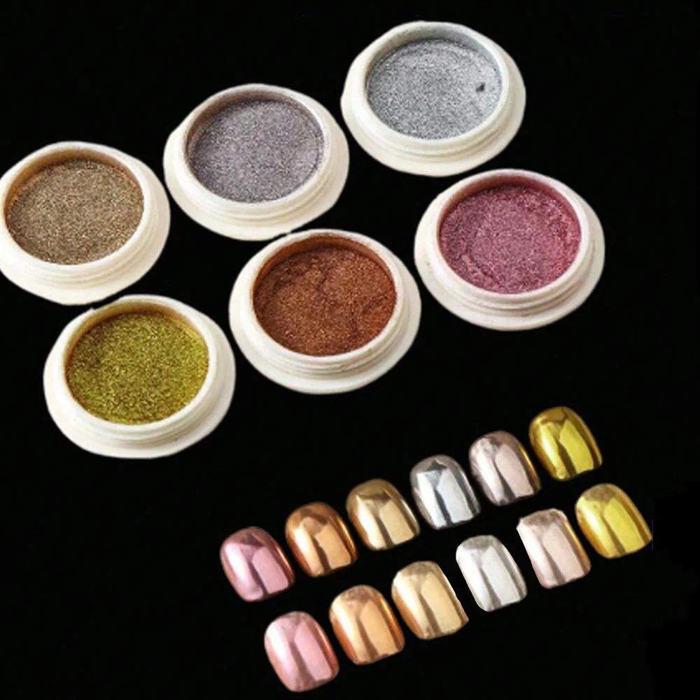 6Colors/set Metallic Gold/Silver Nail Rubbing Powder Net2-3g  Mirror Glitter Effect Chrome Powder DIY UV Gel Polish Metal Dust