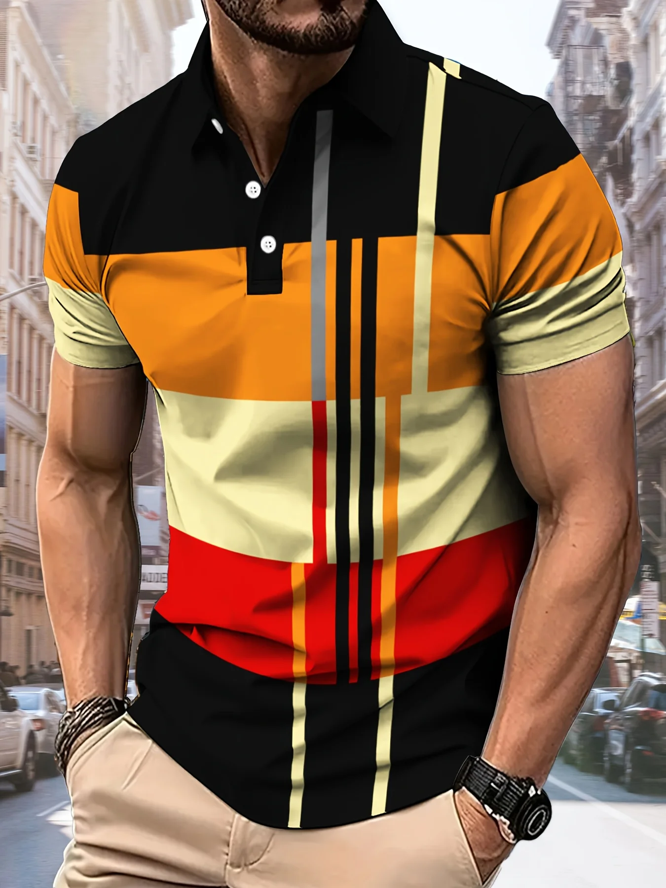 

Men's Color-blocked Striped Shirt - Casual and Retro Style, Short Sleeves, Machine Washable, Suitable for Fitness and Training