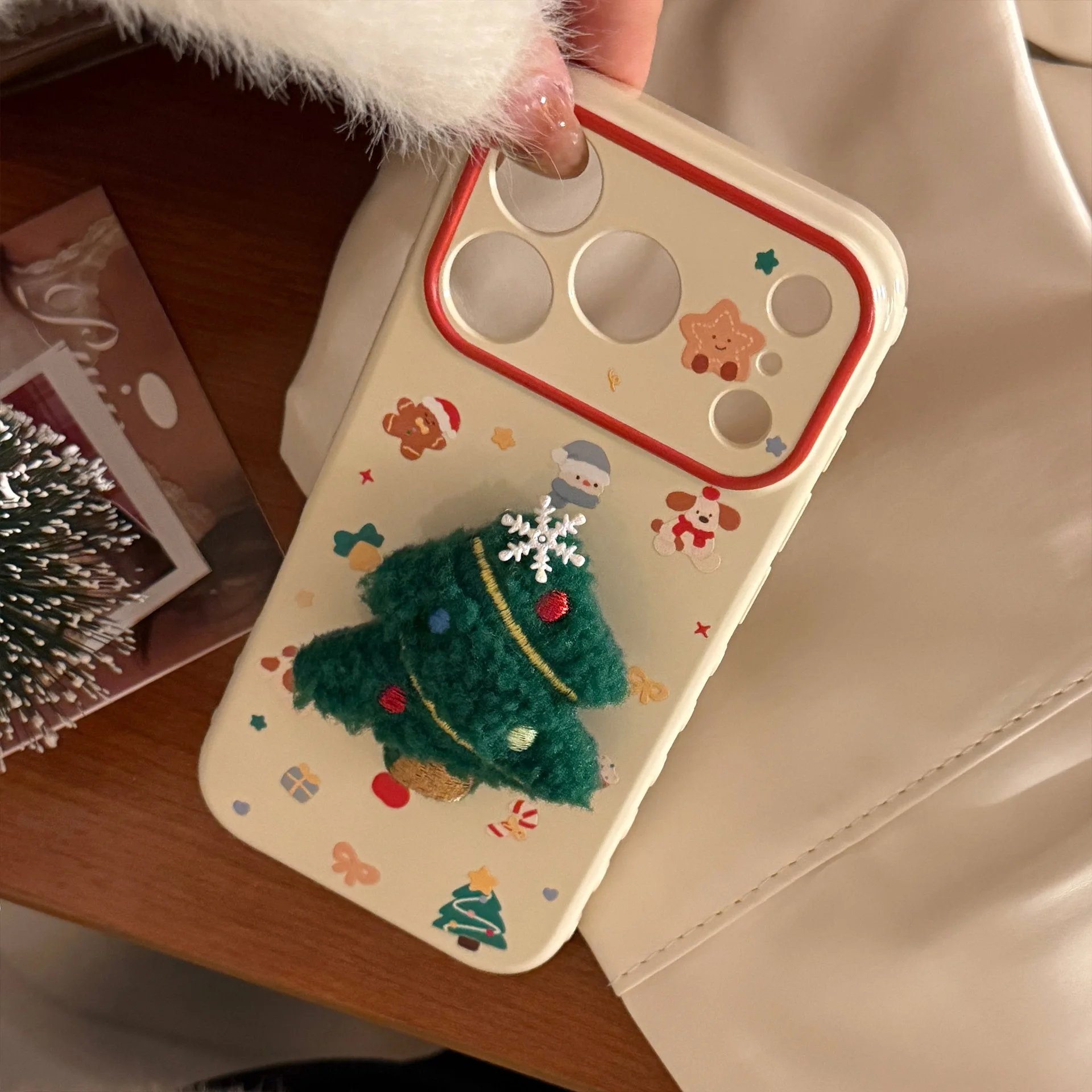Korean 3D Plush Cartoon Christmas Tree With Chain Phone Case for iPhone 17 16 15 14 13 12 Pro Max Shockproof Protective Cover view 2