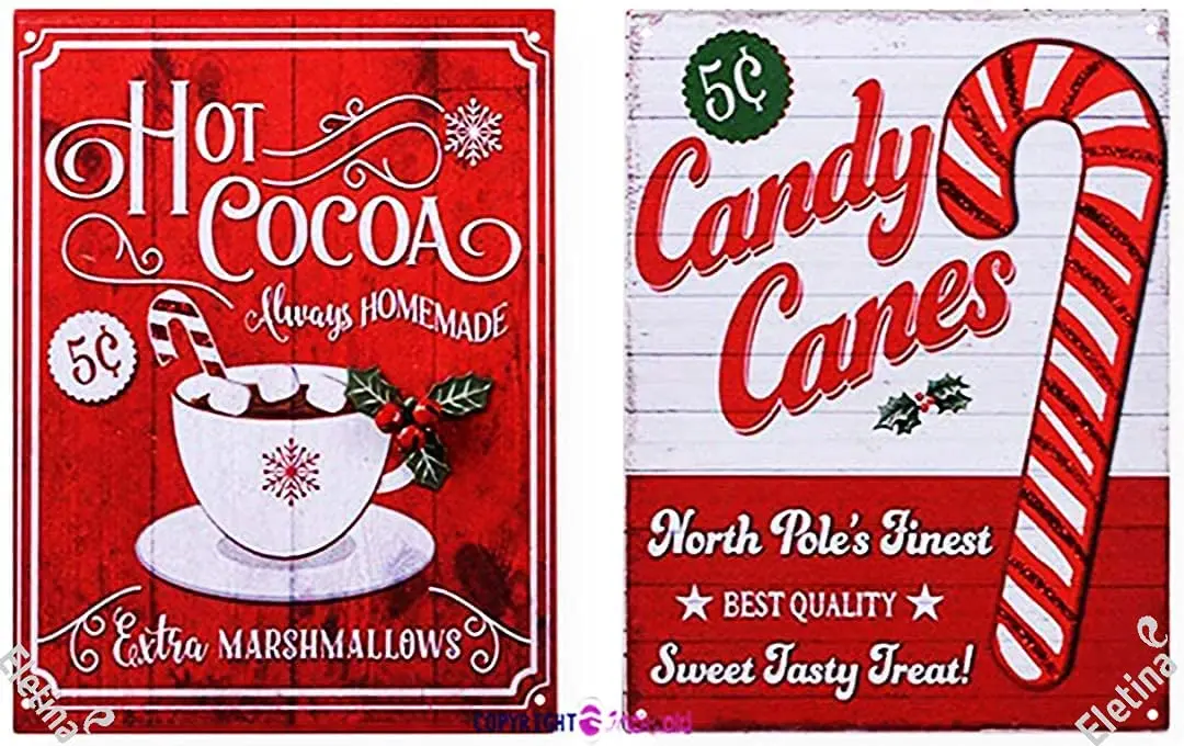 ELEtina Vintage Wall Decor Advertisement Hot Cocoa and Candy Canes Christmas Plaque, 12