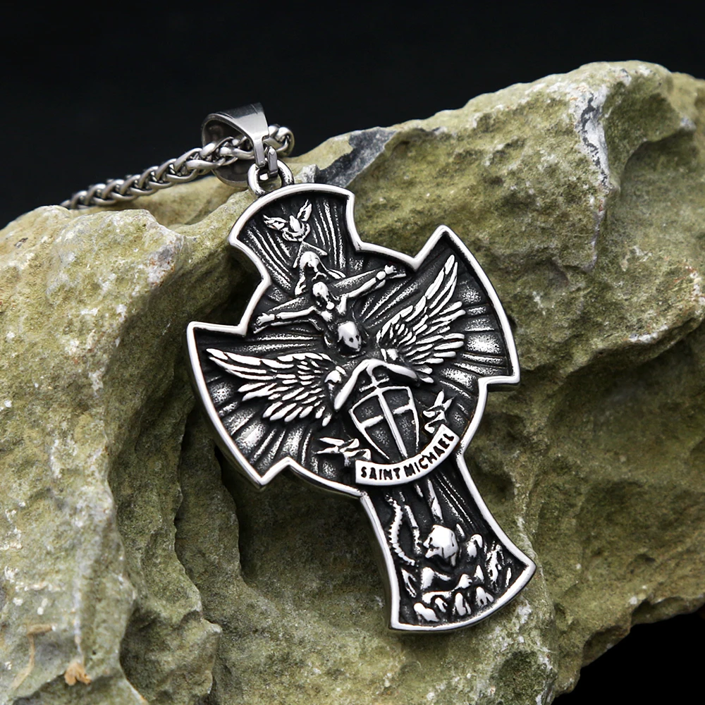 Punk Vintage St Michael Archangel Necklace Stainless Steel Amulet Cross Pendant For Men Women Jewelry Gifts Dropshipping