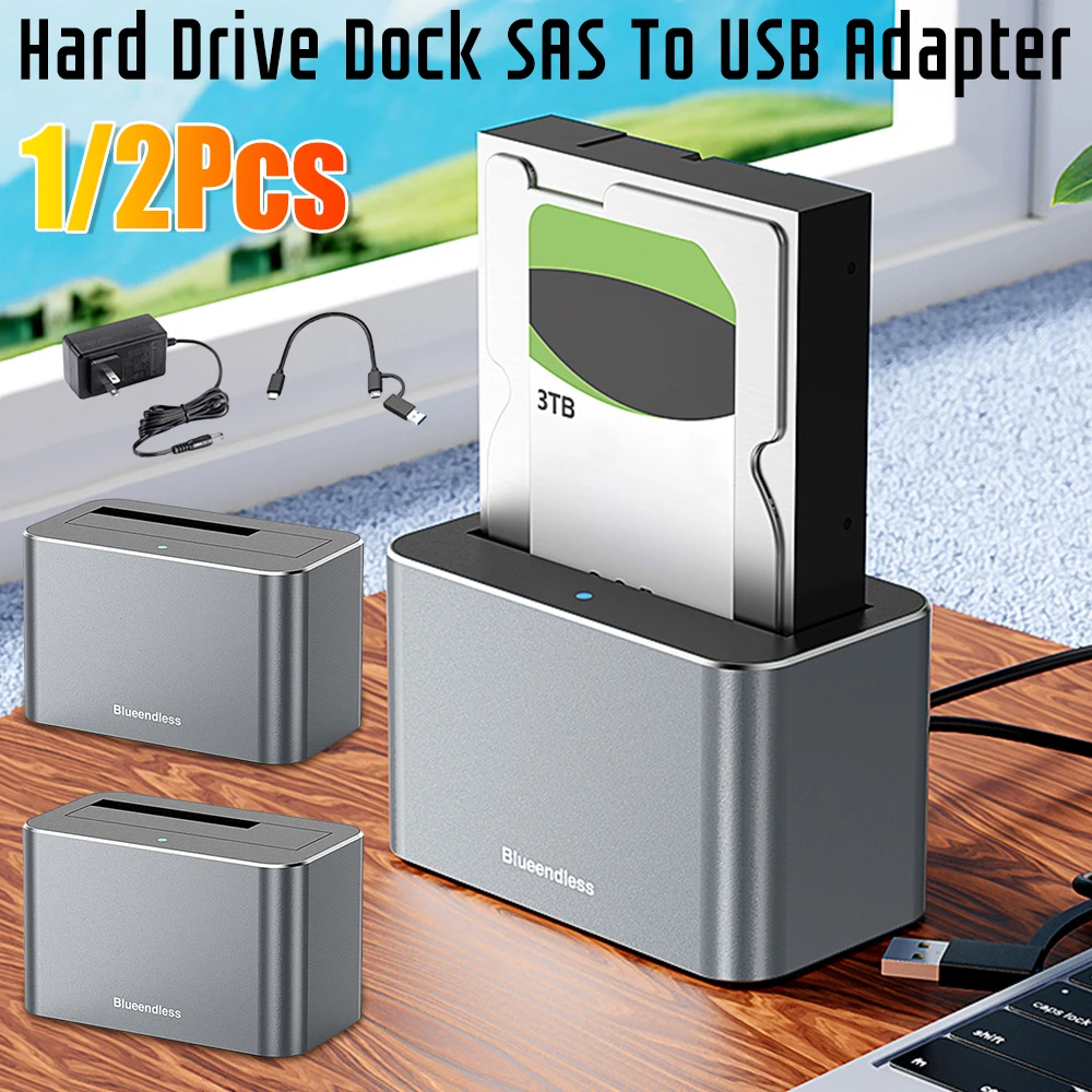 

Док-станция SAS к USB-адаптеру 1/2 шт., док-станция, высокоскоростной адаптер 5 Гбит/с, поддержка 20 ТБ для 2,5/3,5 дюймов SATA/SAS HDD SSD