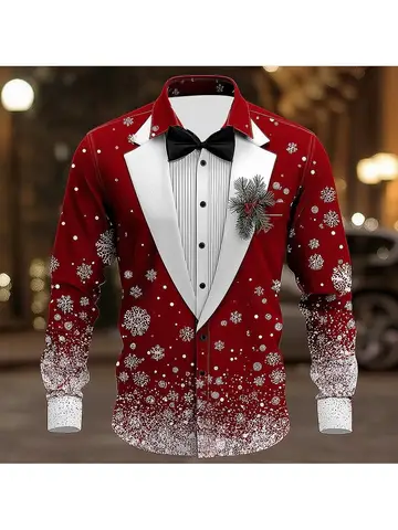 2025 Men's Christmas Snowflake Formal Shirt, 3D Printed Tie Design,Elegant Tuxedo Style,Holiday Party Wedding Attire,Spring Wear