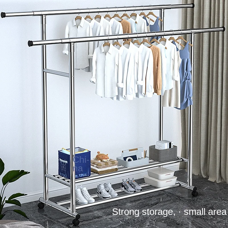 Indoor floor to ceiling family balcony retractable stainless steel bedroom double pole simple clothes and hat rack