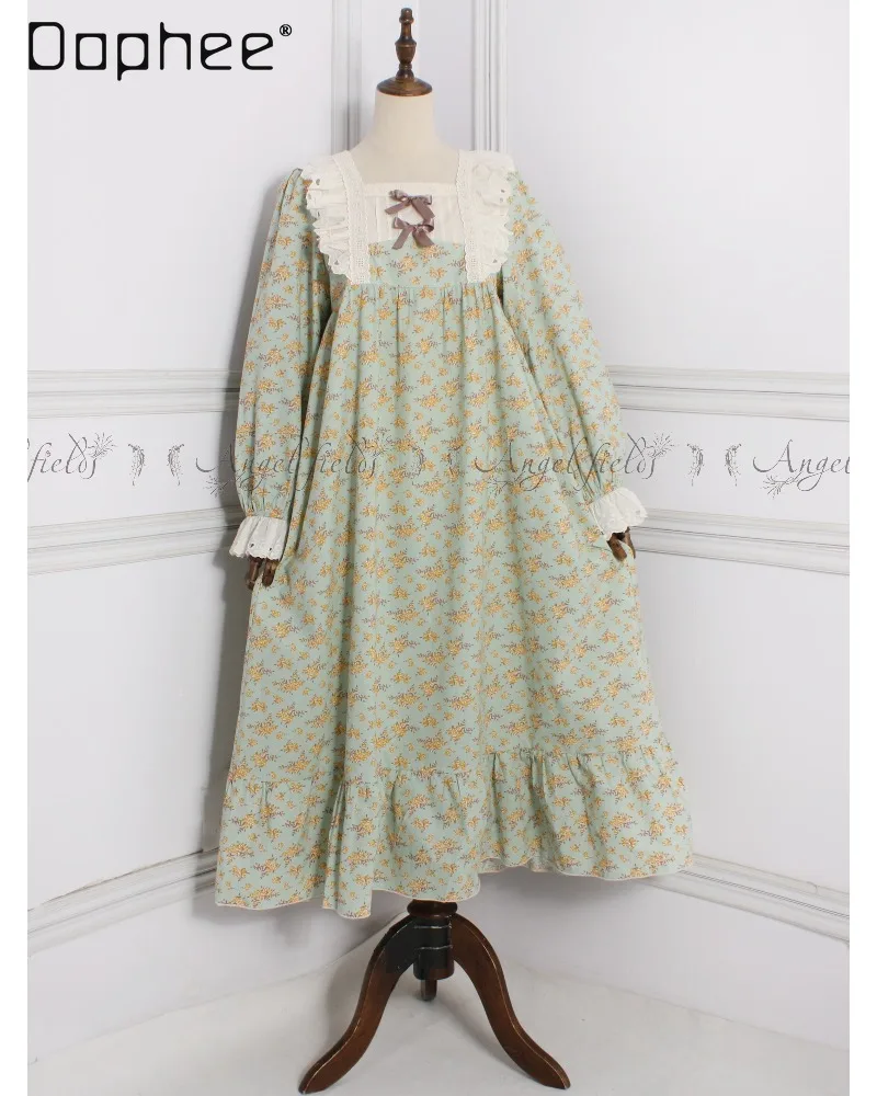 Vintage Pastoral Girl's Style Floral Nightdress Square Neck Lace Splicing Bow Long Sleeve Loose Horn Sleeve Women's Homewear