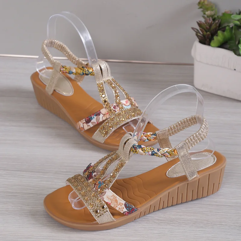 Women\'s Sandals Summer Wedge Bohemia Rhinestones Casual Platform Womens Sandals Peep Toe Outdoor Beach Shoes New Pantuflas Mujer