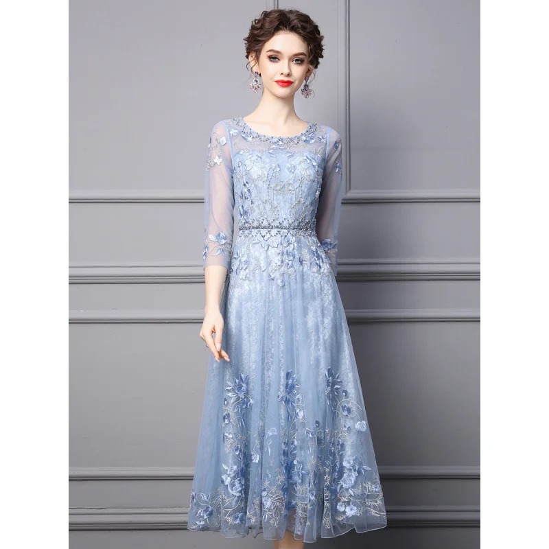 Elegant Women's Spring and Autumn2024New Fairy Style High-End Rhinestone Embroidery Long Formal Dress plus Size