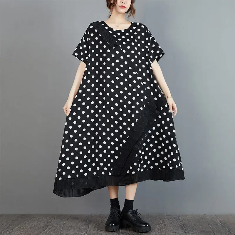 Vintage Stijl Panel Lace Dot Gedrukt Lange Jurk 2023 Zomer Nieuwe Losse Slanke Zwarte Jurk Korte Mouw Vrouwen Casual Kleding z837