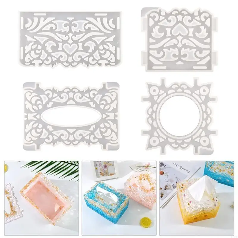 R3MC Hollow Pattern Tissue Box Epoxy Resin Mold Napkin Paper Silicone Mould DIY Crafts Home Decorations Casting Tools