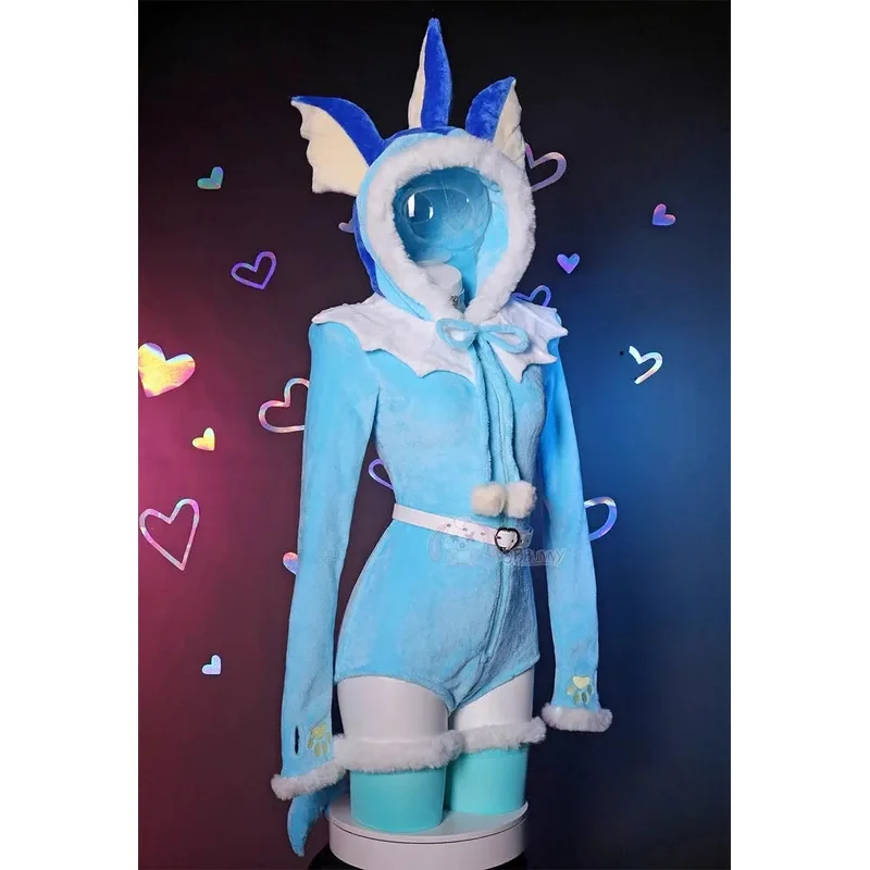 Sexy Vaporeon cosplay costume flannel hooded bodysuit and tail socks suit bunny kawaii plush pajamas cute jumpsuit women props