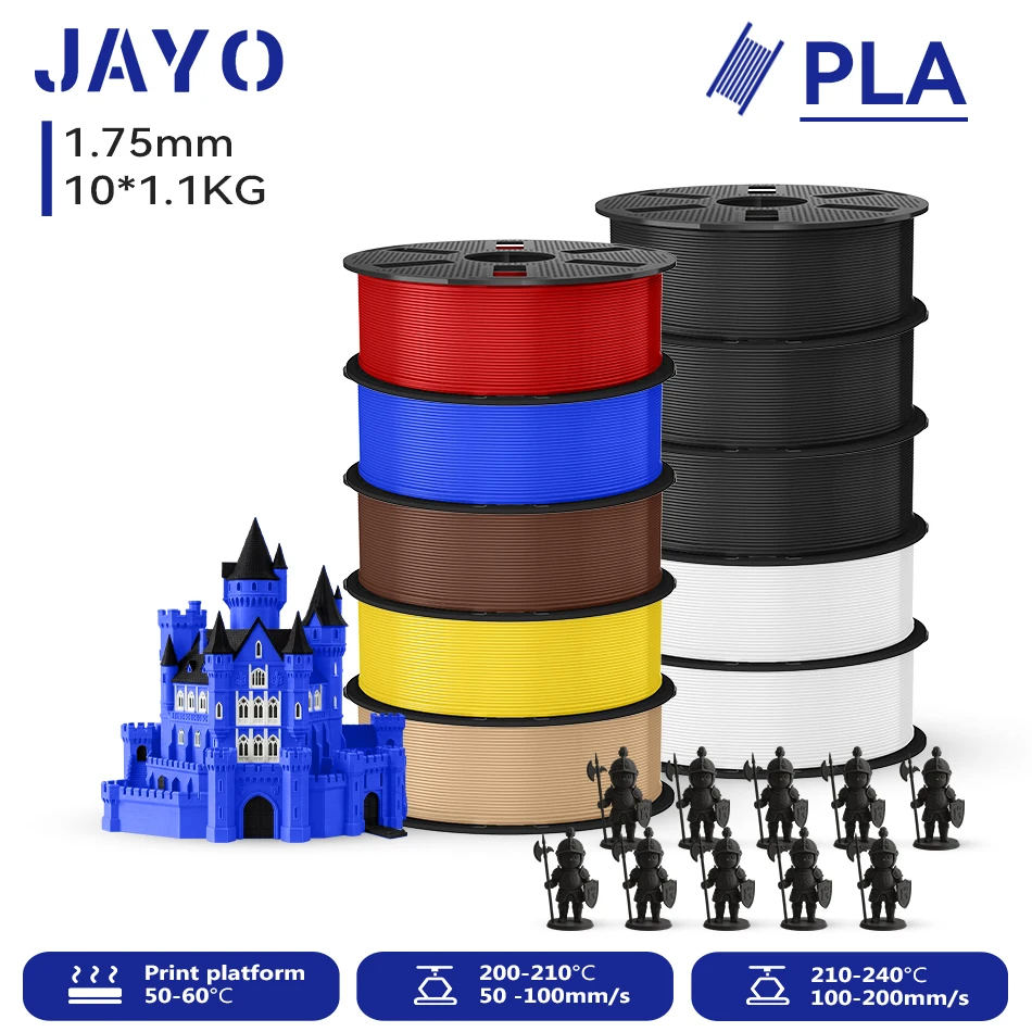 JAYO 10 Rollen 3D PLA Druckerfilament 1,75mm, ungiftig & blasenfrei, PLA-Kunststoff als 3D-Druckfilament für 99% der 3D-FDM-Drucker & -Stifte, 1,1KG/Rolle