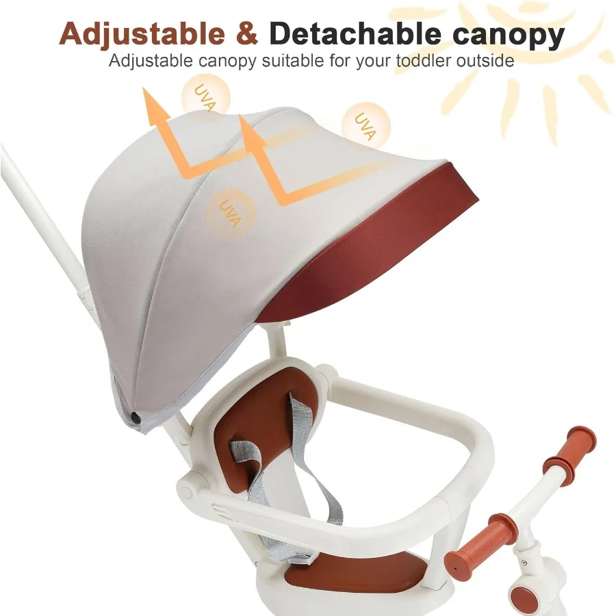 7-in-1 Foldable Baby Tricycle with Removable Canopy Adjustable Parent Handle Safety Harness and Wheel Brakes for Toddlers 1-5 Y