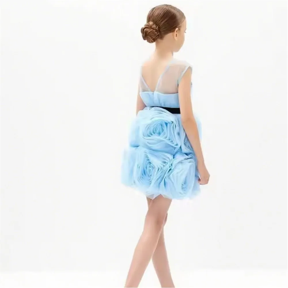 

Cute Short Flower Girl Wedding Dress O-neck Sleeveless 3D Flowers 2025 Girls Skirt Birthday Party Dress Kids Gown Customized