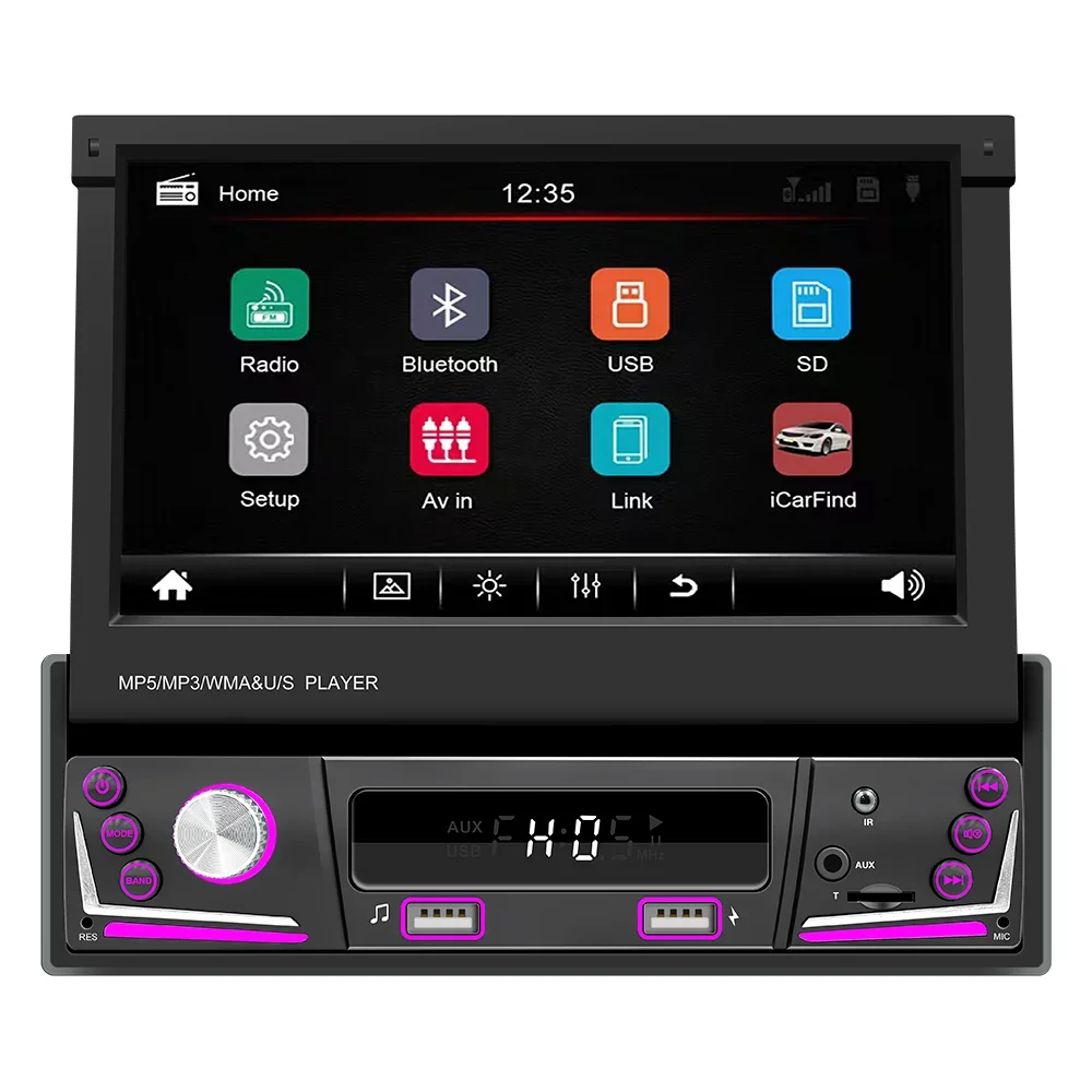 7 Inch MP5 Player Retractable Touch Screen Stereo 1 Din Multi Language Mirror Link BT Car DVD Player