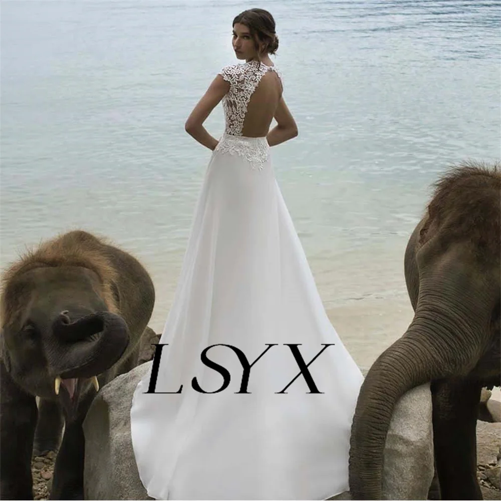 LSYX-Robe de Mariée en Dentelle Style Boho pour Femme, Col en V, Manches Cape, Ligne A, Mousseline de Soie, Dos Découpé, Traîne de Balayage, Patients de Plage, 2023