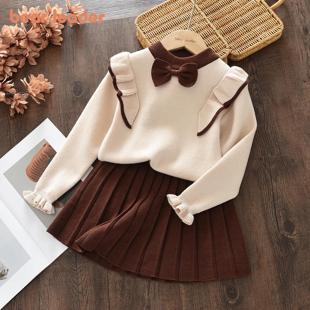 Korean Version Autumn New Knitted Suit Casual Countryside Style Bow Lace Top+pleated Skirt Two-piece Set for Girls Aged 2-6