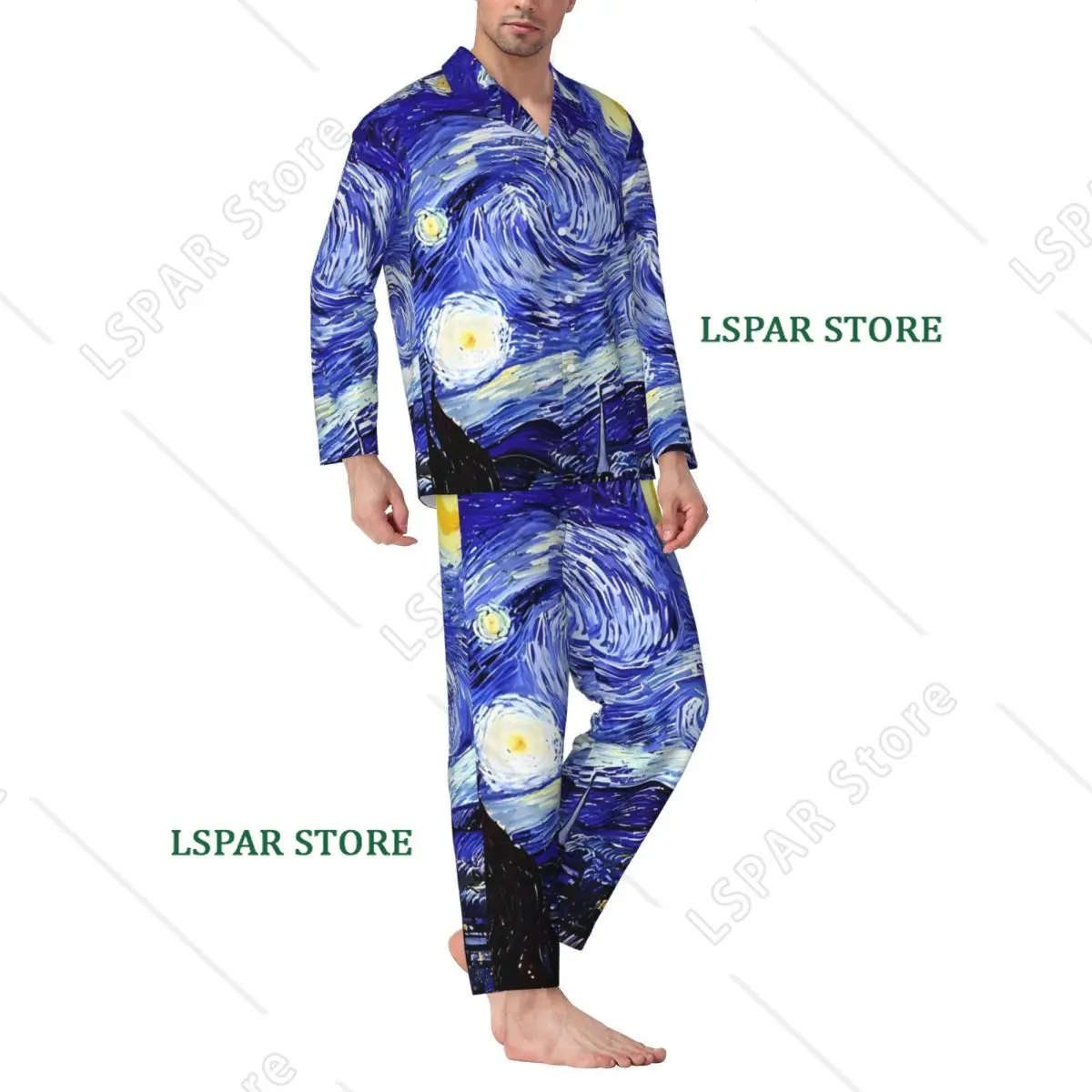 Pajamas Male Starry Mountain Bedroom Sleepwear 2 Pieces Retro Pajama Sets Long Sleeve Warm Oversized Home Suit