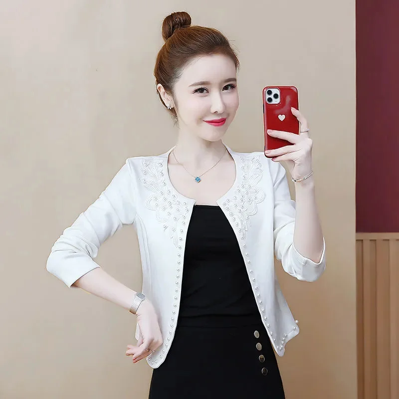 Spring Autumn Short Pure Colour Suits Jacket Women 2024 New Round Collar Coat Fashion Nail Bead Cardigan Blazer Outwear Female