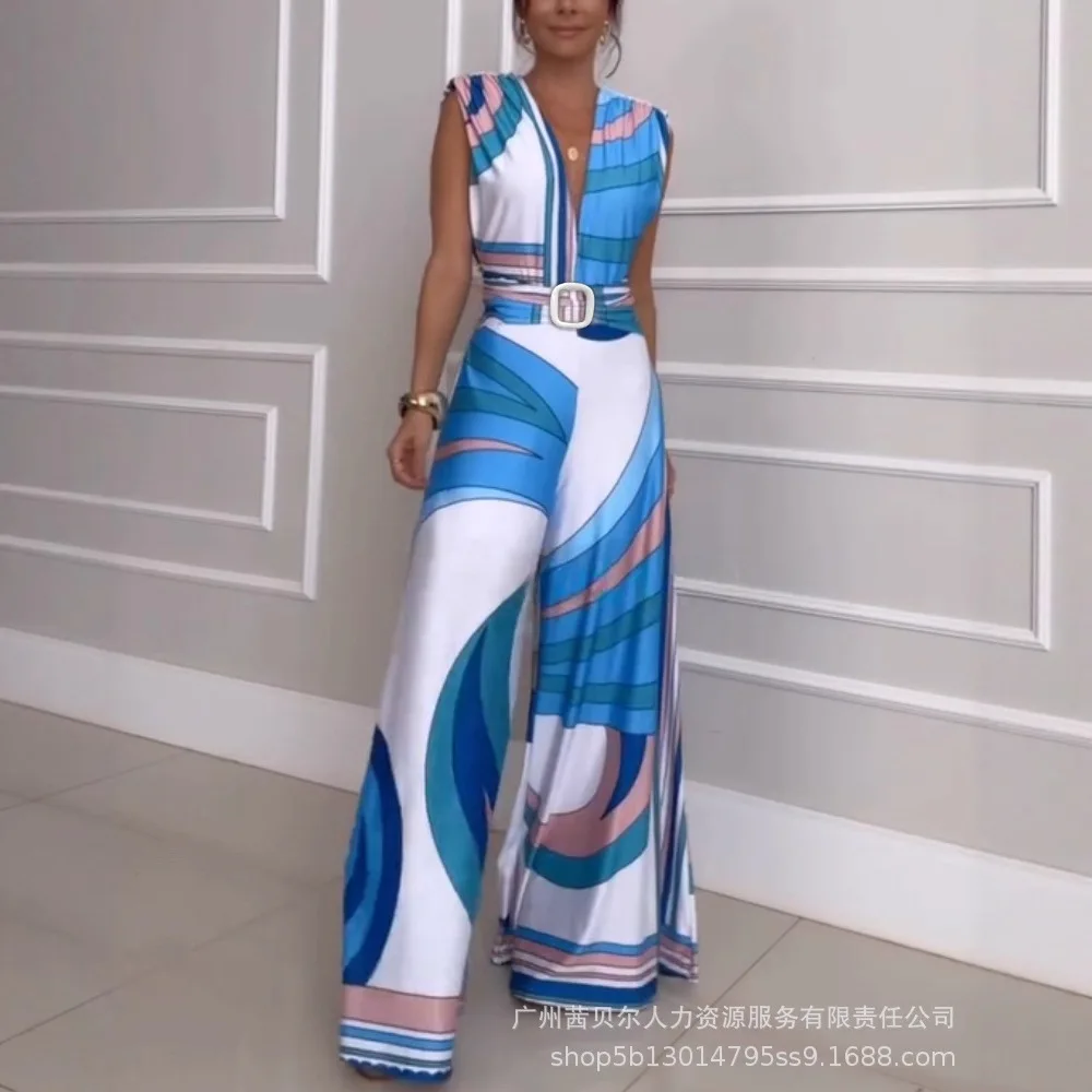 Tute da donna stampa scollo a V fasciatura senza schienale casual tuta intera senza maniche Y2k gamba larga elegante pagliaccetti a vita alta