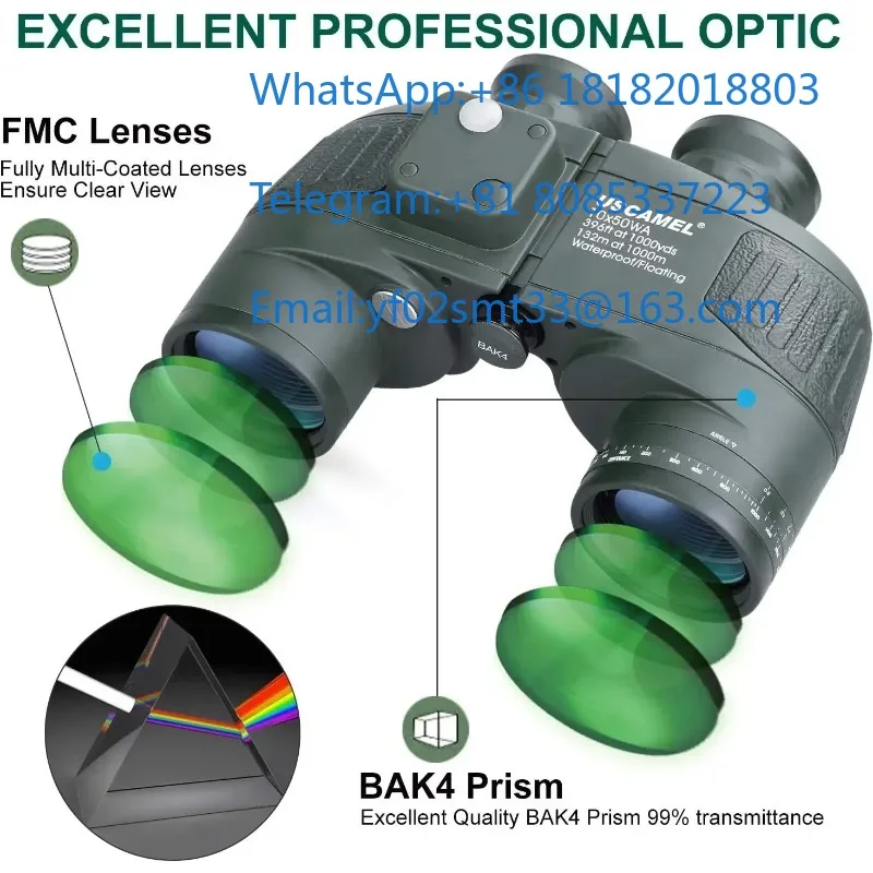 Water Sports BAK4 Waterproof Marine Binoculars 10x50 With Compass Rangefinder