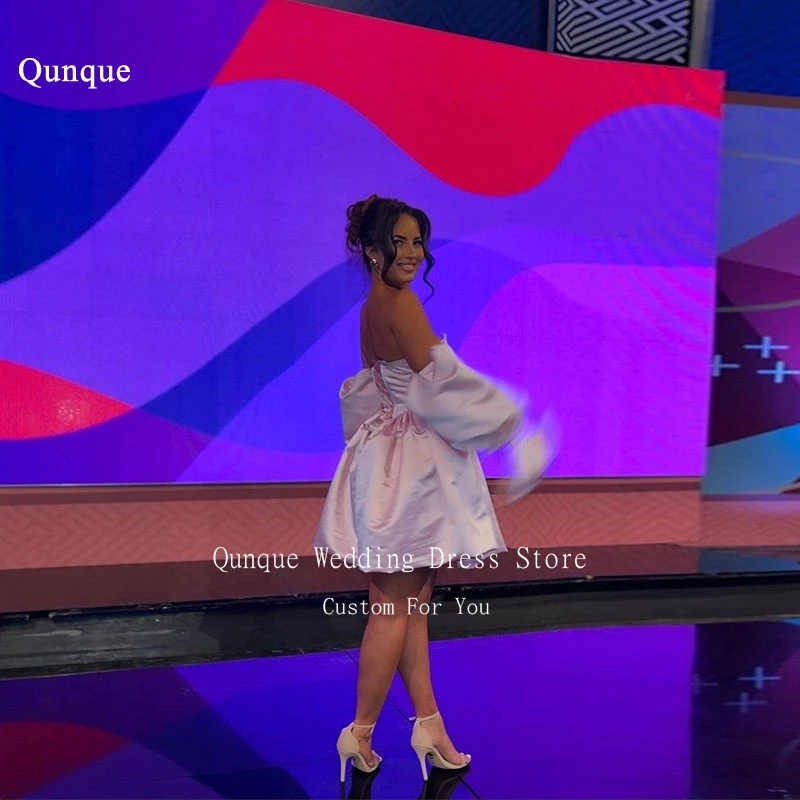 

Qunque Short Mini Satin Homecoming Dresses Detachable Puff Sleeves Prom Dresses Lace-up Back Celebrity Cocktail Gowns Customized