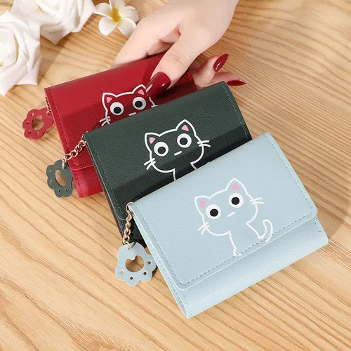 Cartera de gato bonita para mujer, monedero pequeño corto de cuero PU, tarjetero para mujer, monedero con cerrojo, llavero, cartera de moda, regalo para niñas