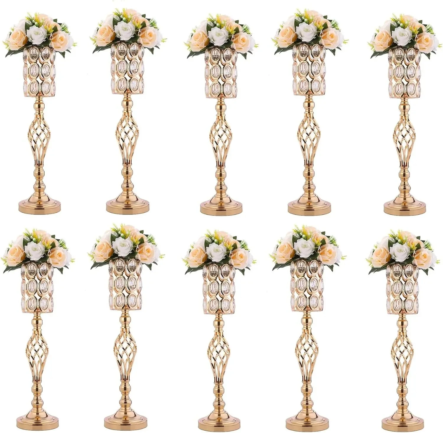 Metal Diamond Crystal Wedding Centerpiece Vases for Tables, Gold Flower Holders, Centerpiece Flower Stands, 10 Pcs