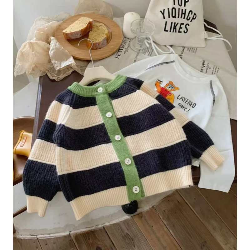 New Children's Sweater Cardigan, Spring and Autumn Striped, Stylish and Fashionable, Baby Color-Blocking Autumn Style