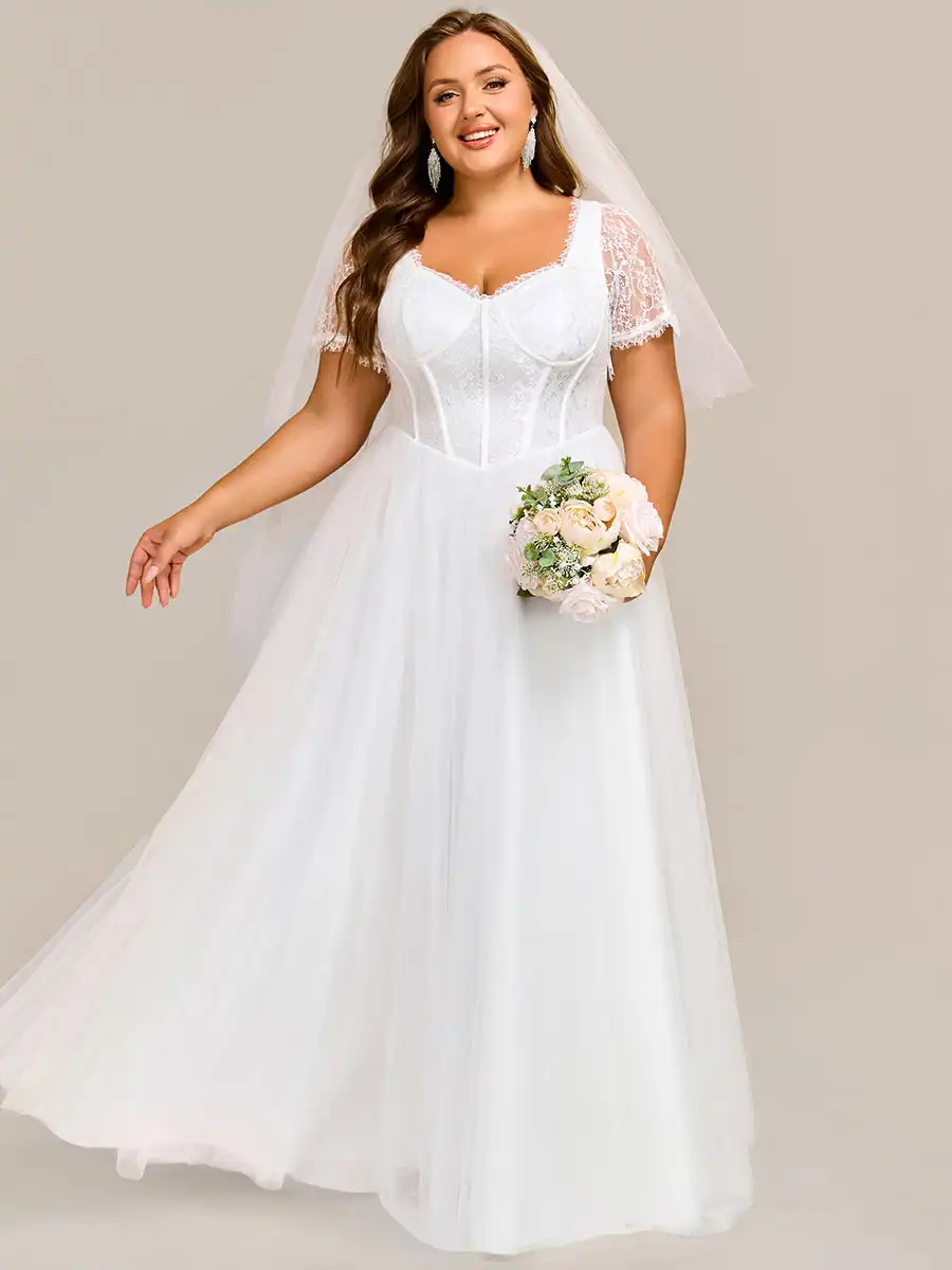 

BAZIIINGAAA Sweetheart Short Sleeves A-Line Floor-Length Wedding Dress with See-through Details Wedding Dresses