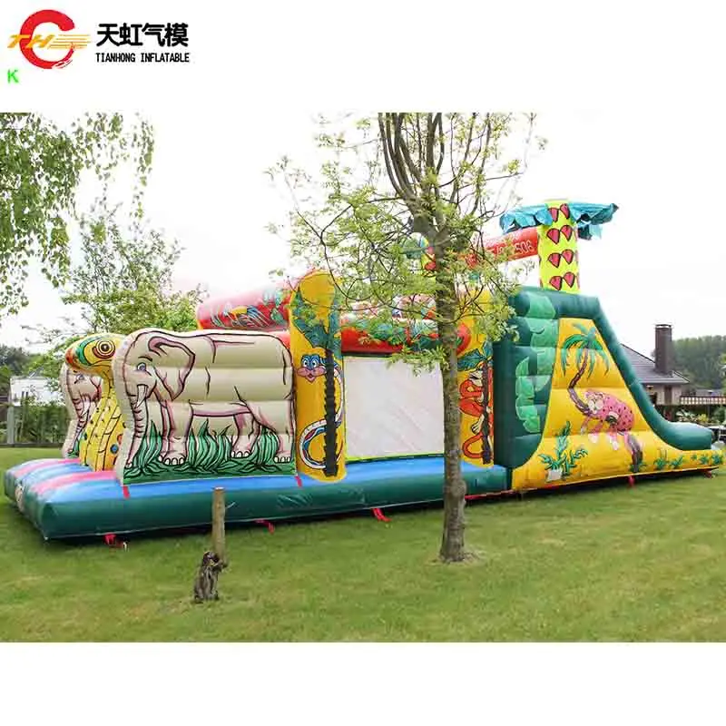 Livraison rapide 13x3m toboggan gonflable thème forêt videur gonflable parcours d'obstacles jeu de Sport avec ventilateur