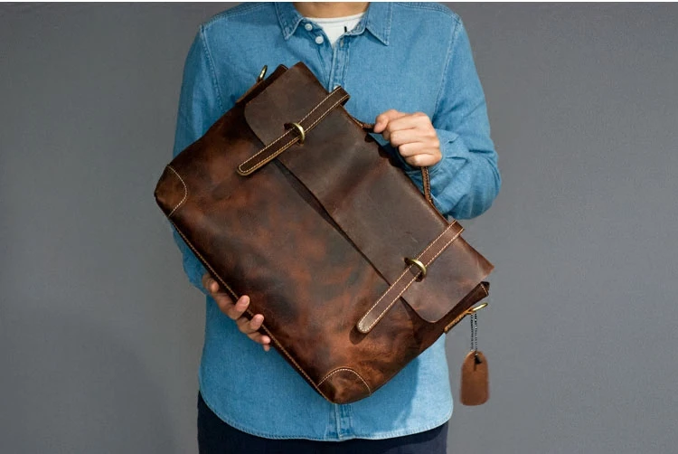 Bolsas de couro genuíno vintage para homens, bolsa de ombro retrô, bolsa diagonal para laptop, pasta de negócios, sacos crossbody, 14"