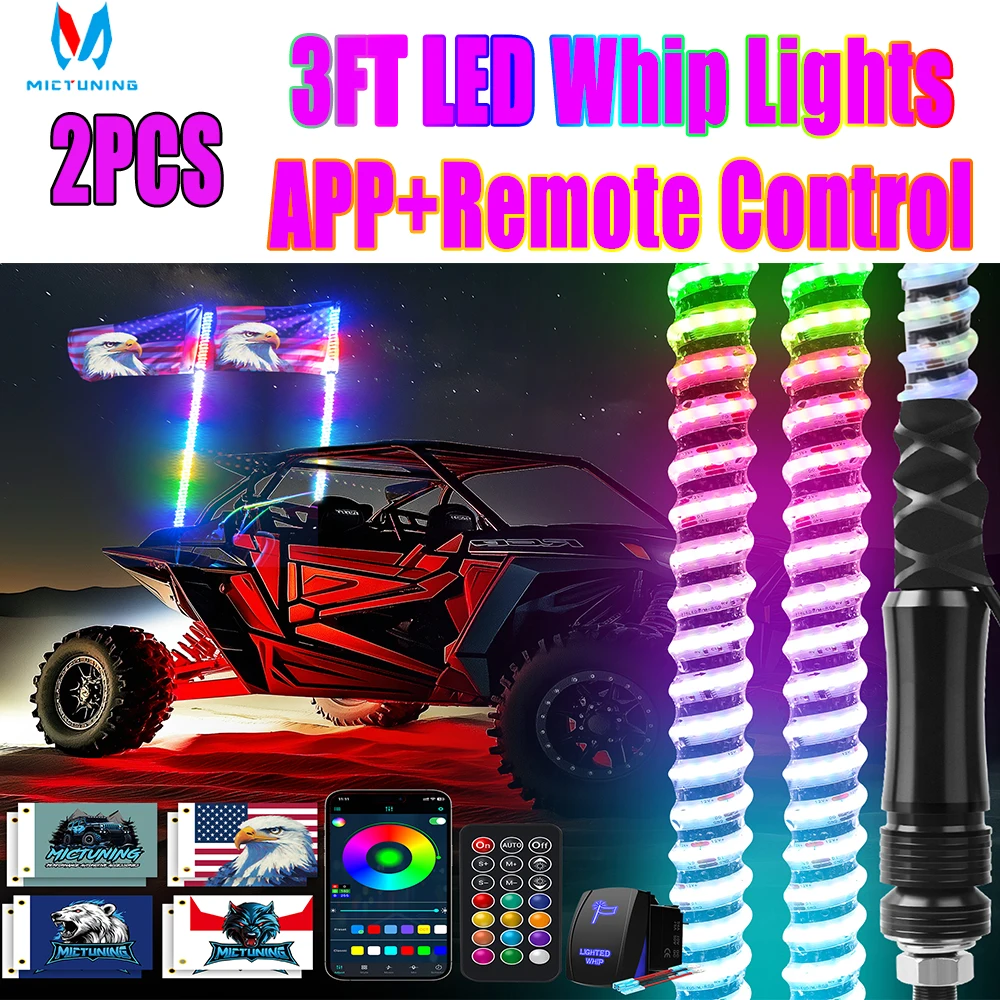 MICTUNING 2PCS 3FT Spiral LED Whip Lights RGB+IC Ambient Lights Bendable Steering Brake Reverse Light Function with APP&Control