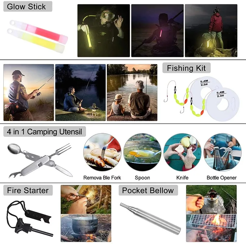 Multifunctional disaster wilderness survival emergency first aid survival kit car keychain with multifunctional axe shovel