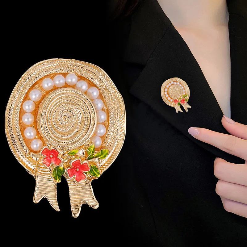Vintage Straw Hat Shape Brooch Pearl Enamel Flower Bow Lapel Pin Women Jewelry