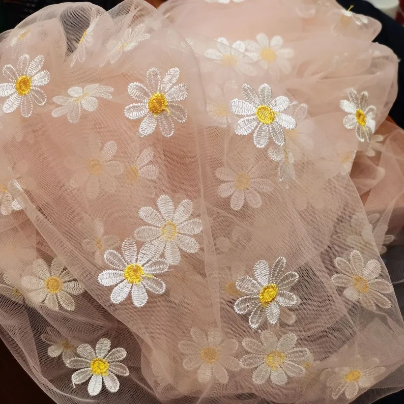 4 colors Pink Blue soft Lace Fabric Tulle Sunflower Floral Embroidery Exquisite Bridal Wedding Headband 51