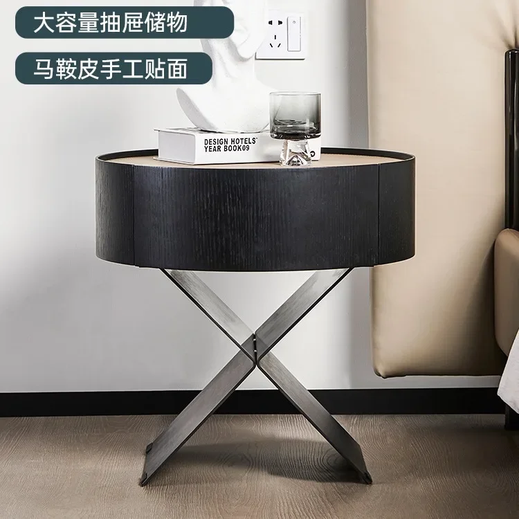 Italian minimalist bedside table solid wood stainless steel saddle leather light luxury modern bedroom bedside table high-end