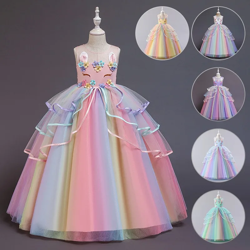 Summer New European and American Children's Dress Girl's party Dress Unicorn Mesh Rainbow Fluffy Princess Dress