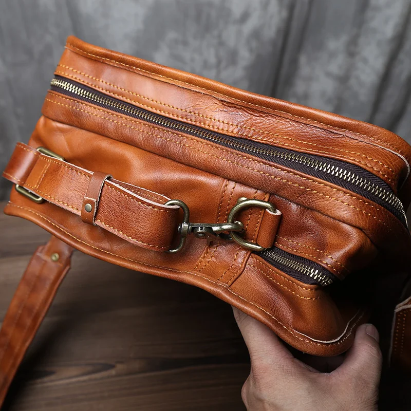 Retro Vegetable Tanned Top Layer Cowhide Briefcase For Men\'s Leather Simple Double Layer Large Capacity Color Wiping Handbag