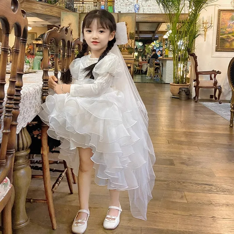 

Children's Formal Dress Long Sleeved Wedding Party Wear Fluffy Skirt Spring Sweet and Cute Girl Bubble Sleeved Princess Clothes