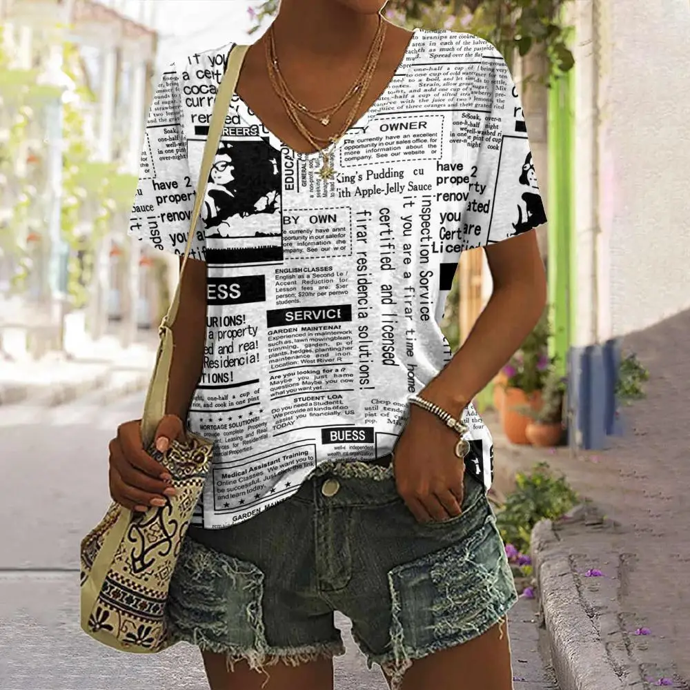 

Vintage letter Print Women's T-shirts Black And White Newspaper Pattern V-neck Short Sleeves Summer Casual Female Clothing Tops