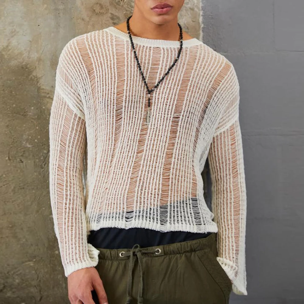 Mens Hollow See-Through Sexy Knitted Sweater Autumn Genderless Nightclub Elastic Loose Versatile Long-Sleeved Sweater Unisex