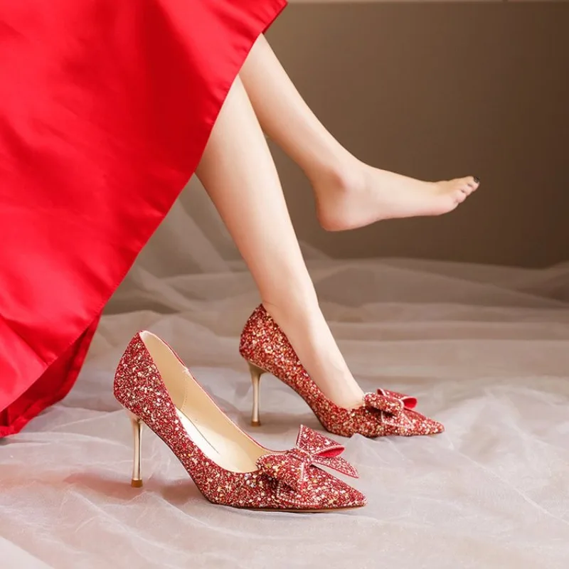 2024 New Spring Summer Autumn Wedding Shoes Women\'s Thick Heels Bride Red Suede Wedding Barefoot Shoes Zapatos De Mujer