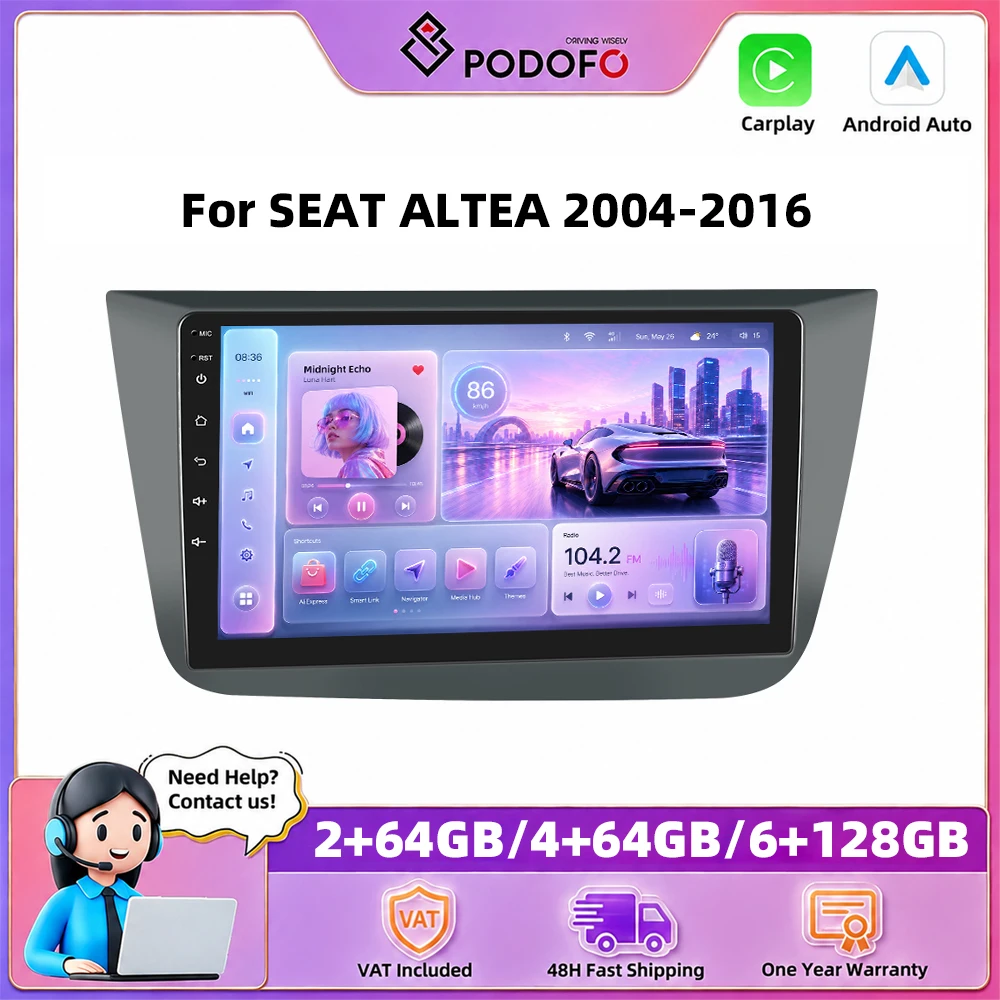 Podofo – autoradio 9 pouces pour SEAT ALTEA 2004-2016, Carplay sans fil, Android Auto, systèmes de voiture intelligents, navigation GPS, lecteur multimédia, MirrorLink, BT, WIFI, unité principale