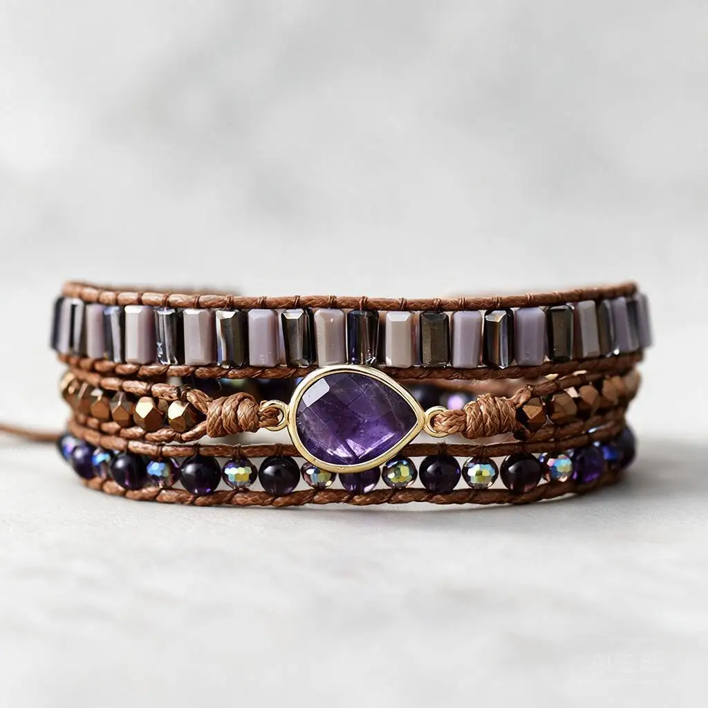 Ins LuxuryBoho Vintage Natural Amethyst Handmade Beaded 3 Wrap Braided Cord Bracelet Friendship Jewelry Custom Name For Her