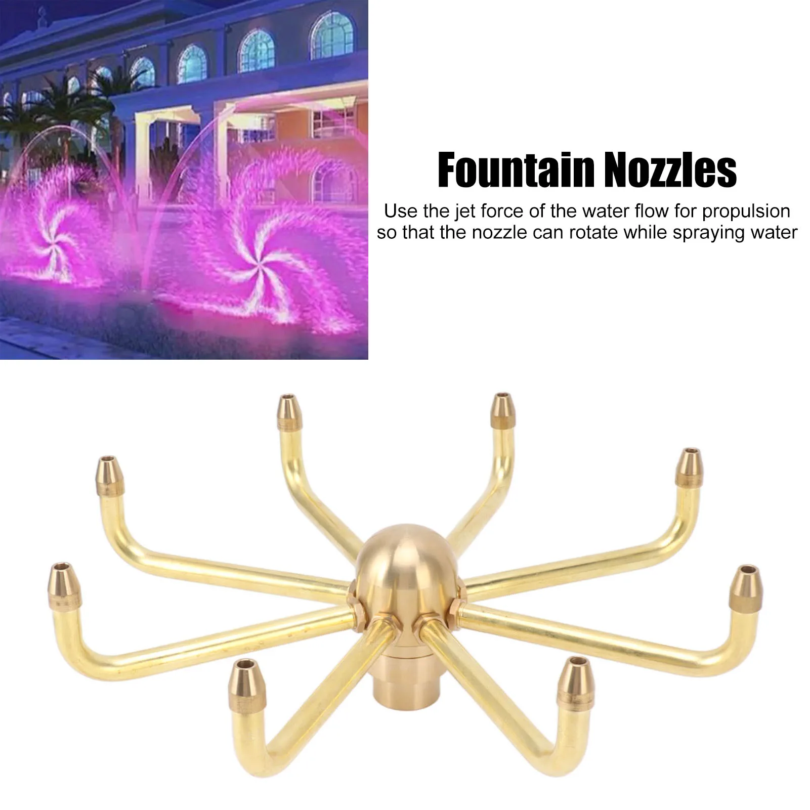 8 Holes Fountain Nozzles Brass Windmill Rotating Fountain Water Spray Head for Rockery Fish Pond Landscape