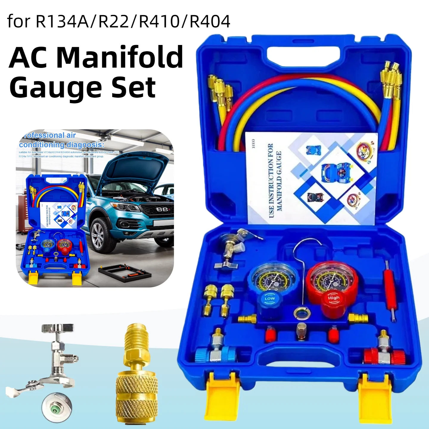 

3-ходовой набор манометров переменного тока со шлангами 1,2 м, набор манометров для кондиционера для R134A/R22/R410/R404, инструмент для зарядки фреона