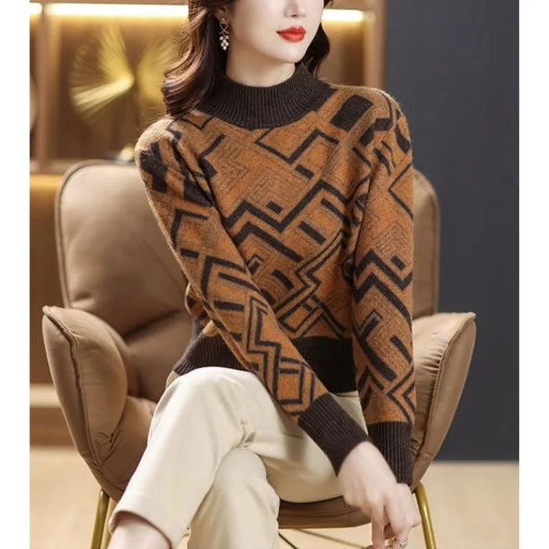 Autumn and Winter Fashion Korean Edition Color Block Jacquard Half High Neck Loose and Versatile Western Women\'s Knitted Sweater